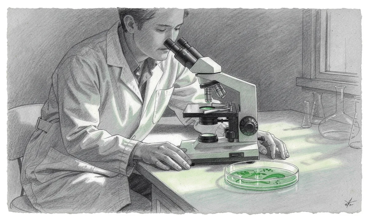 A technician examines a cell culture dish beside a microscope on a pale laboratory bench.