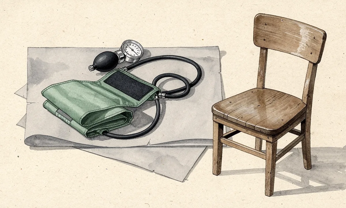 A folded blood-pressure cuff and rubber bulb lie on grey paper beside an empty wooden chair.