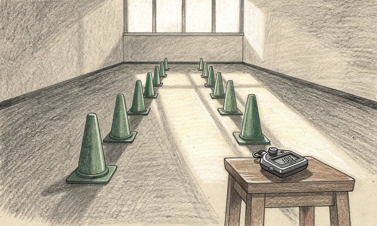 An empty indoor walking course has spaced cones and a plain stopwatch on a wooden stool.