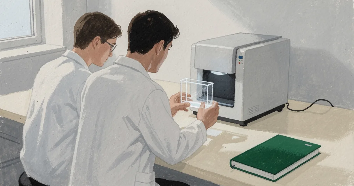 Two laboratory technicians inspect a cuvette beside a benchtop analysis instrument.