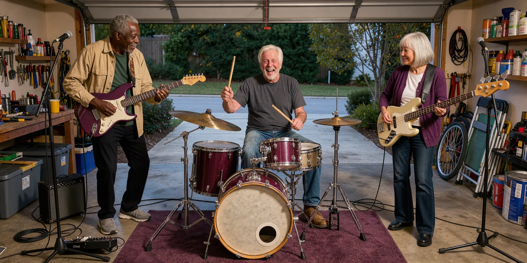 A man in his seventies plays the drums in a garage band with friends.