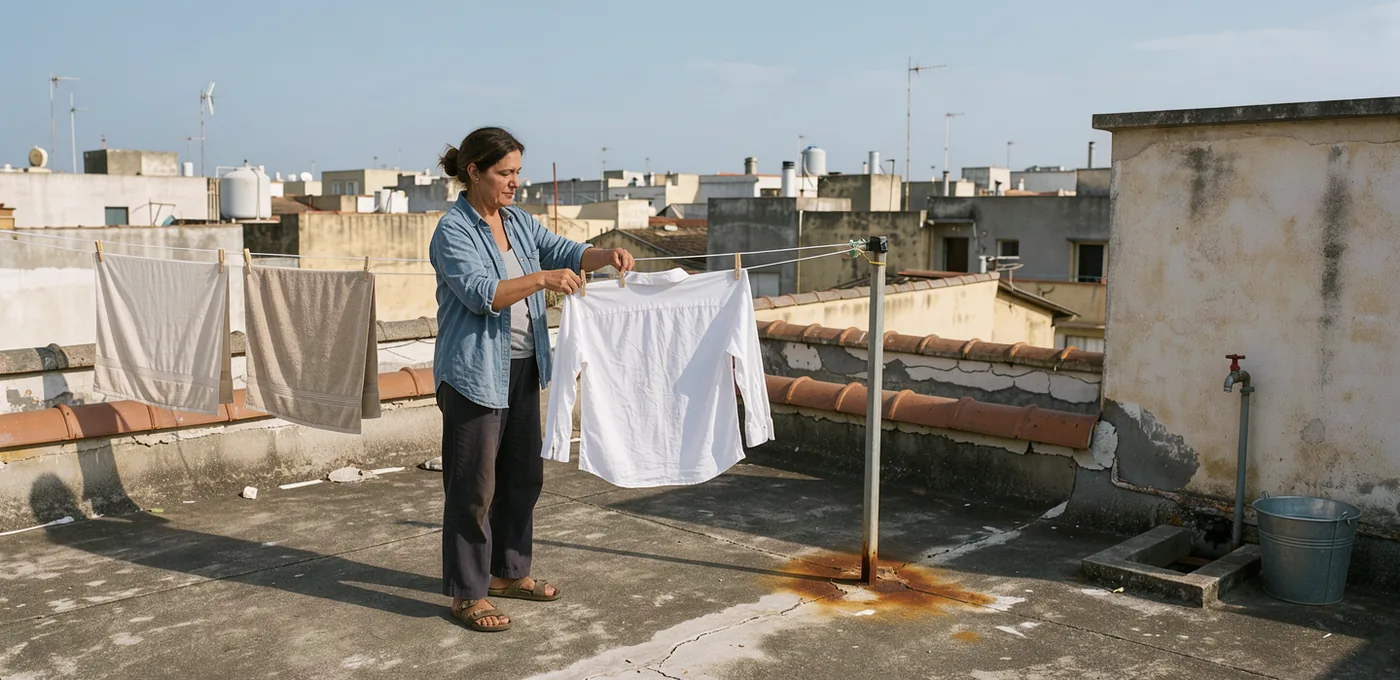 A resident reaches up to peg an ordinary white shirt to a rooftop clothesline.