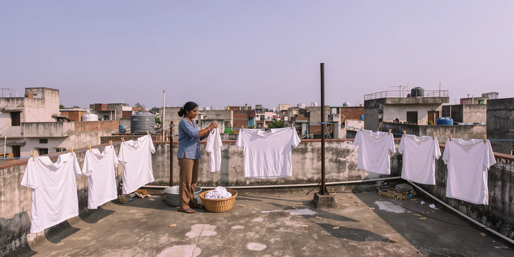 Plain shirts billow over terracotta rooftops while a resident hangs laundry above a dense neighbourhood.